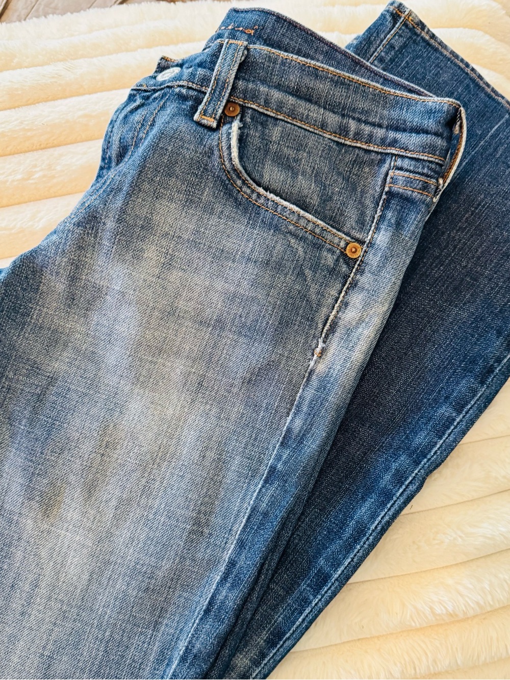 7 For All Mankind Light Blue Boot Cut Jeans with Rhinestone Pocket Detail - Picture 2 of 4